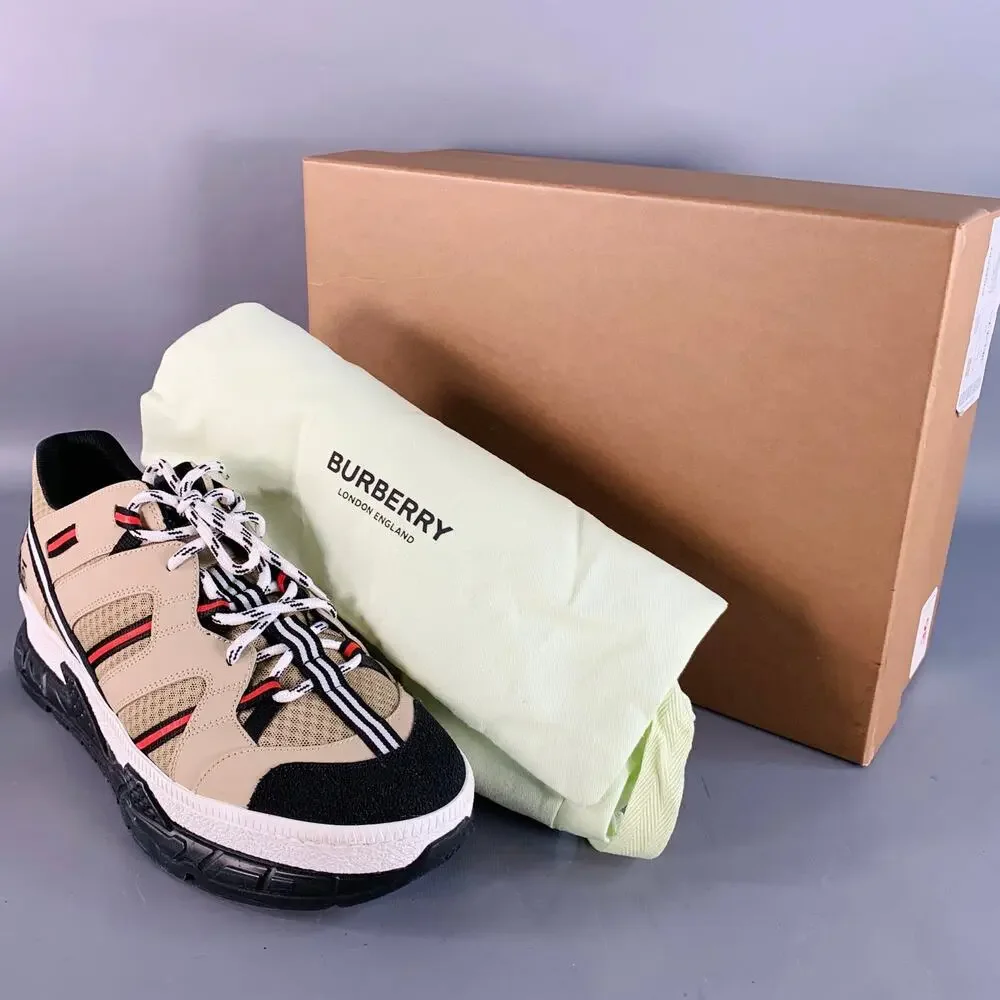 BURBERRY by RICARDO TISCI Size 12 Tan Black Red Stripe Mesh Low Top Sneakers